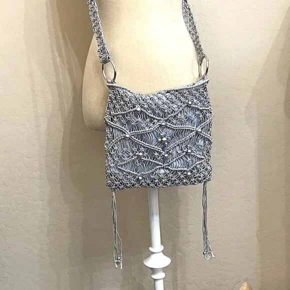 Crossbody Bag Macrame Crochet Beaded Fringe Silver Purse - Picture 2 of 9
